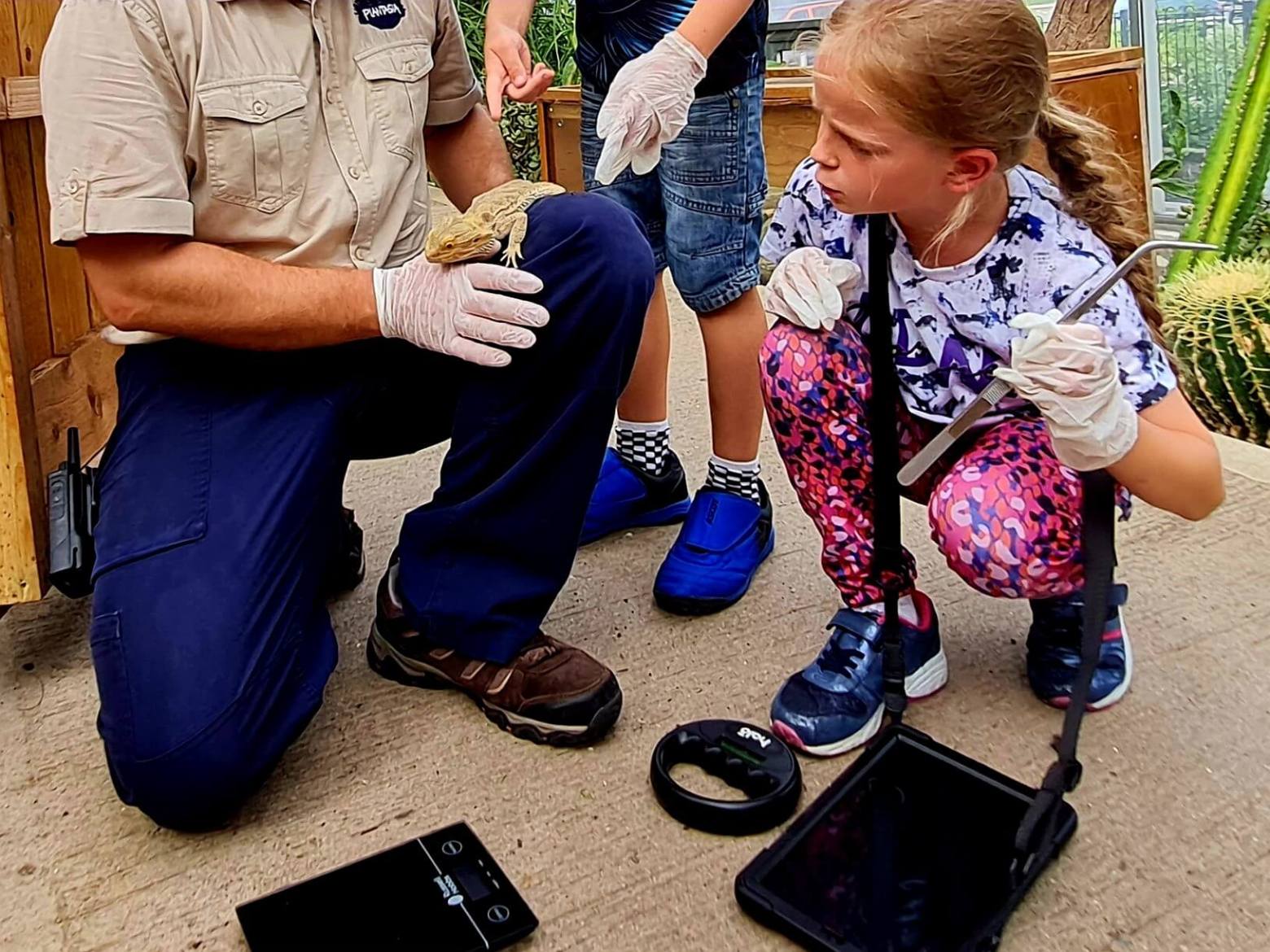 a man holding a bearded dragon on his knee with a little girl looking at it