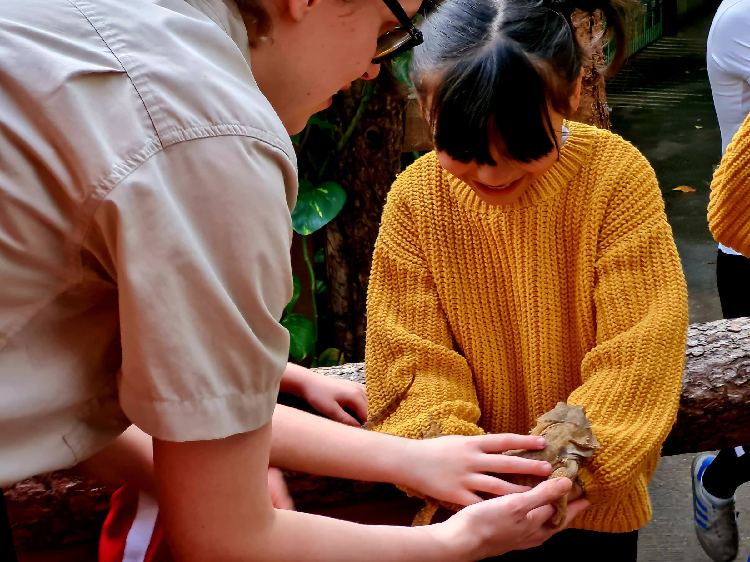 a child and zookeeper holding a bearded dragon