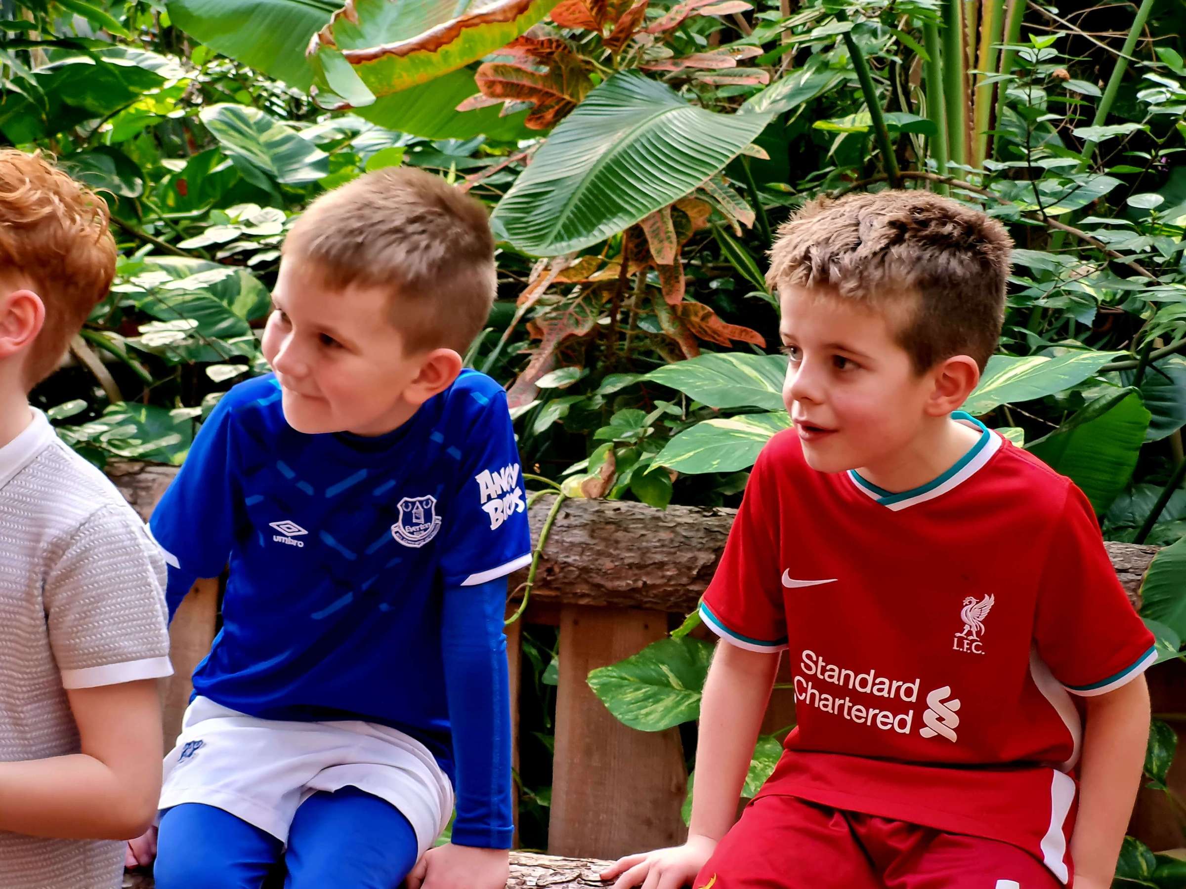 2 little boys sitting on a bench looking excited