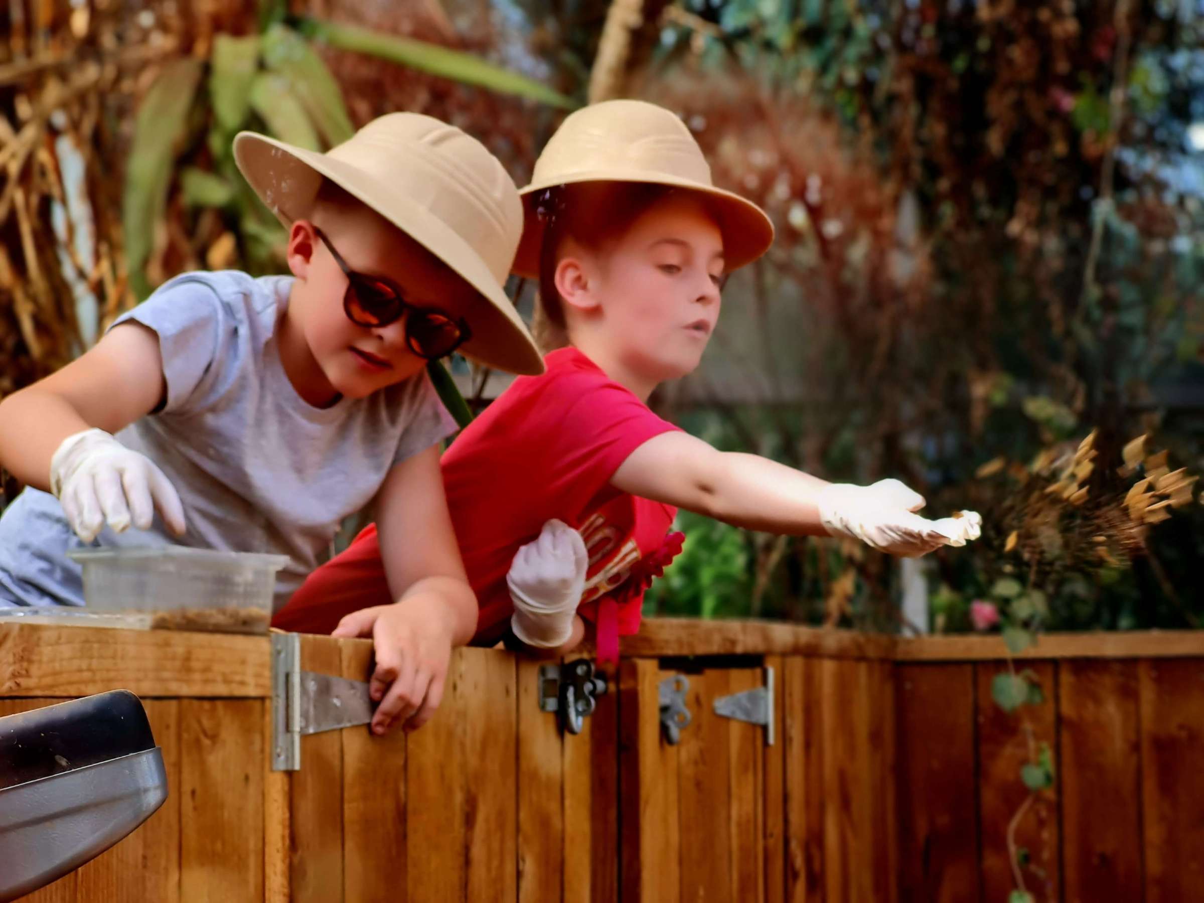 2 young children leaning over a fence to feed the meerkats