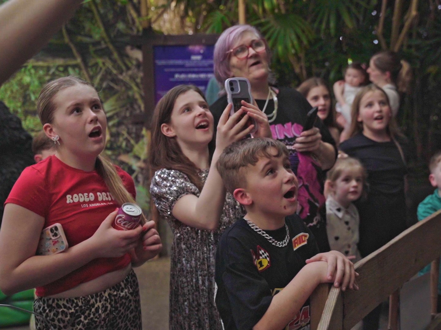 a group of children looking at an animal in awe