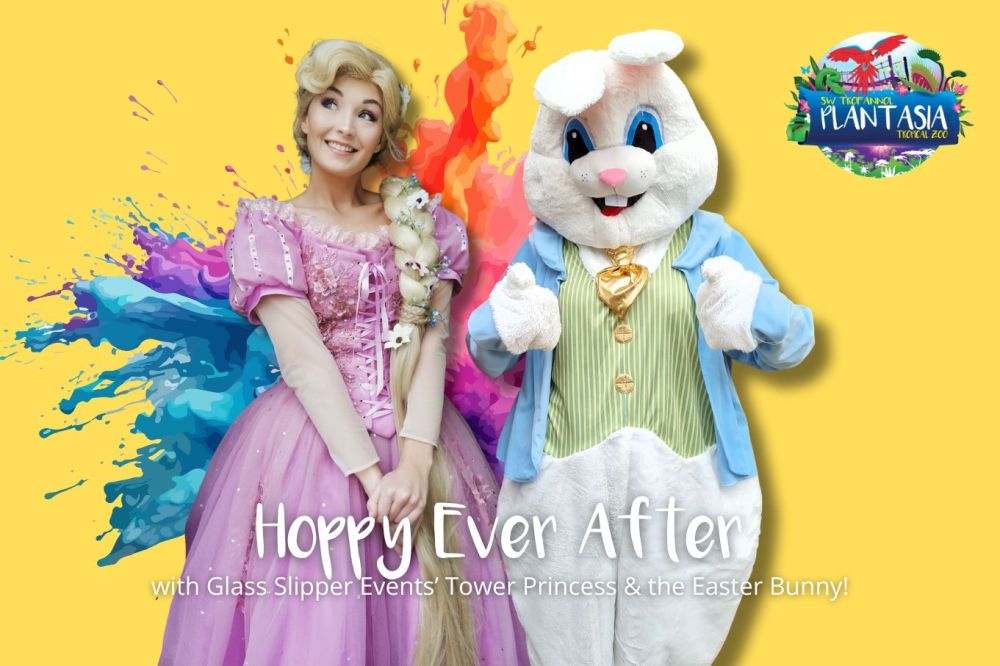Rapunzel and the Easter Bunny posing for the camera in front of a yellow background with a bright multi-colour paint splash