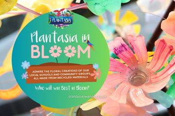 Flowers made from recycled plastic with the Plantasia in Bloom logo & description