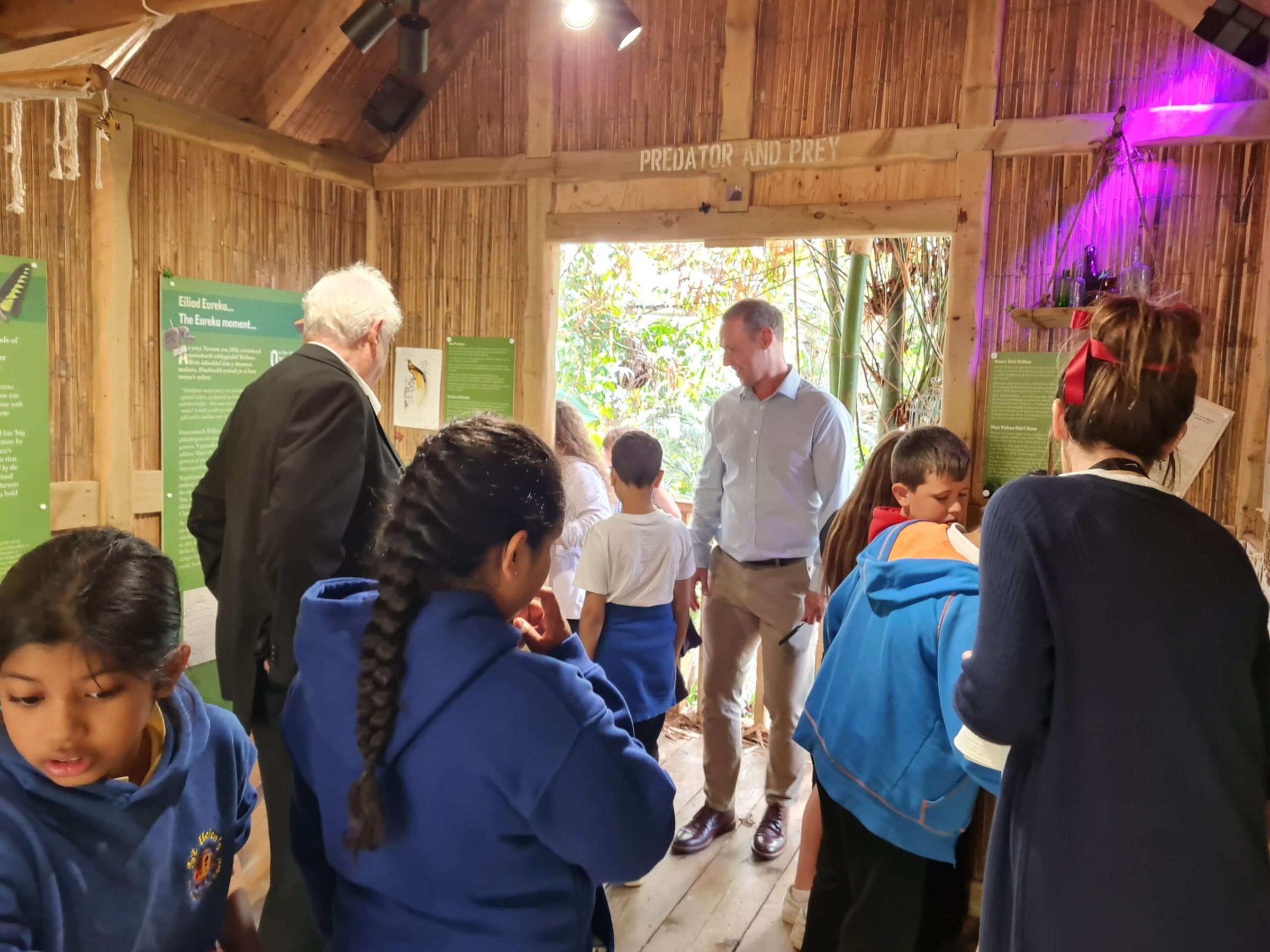 a group of people standing in a room
