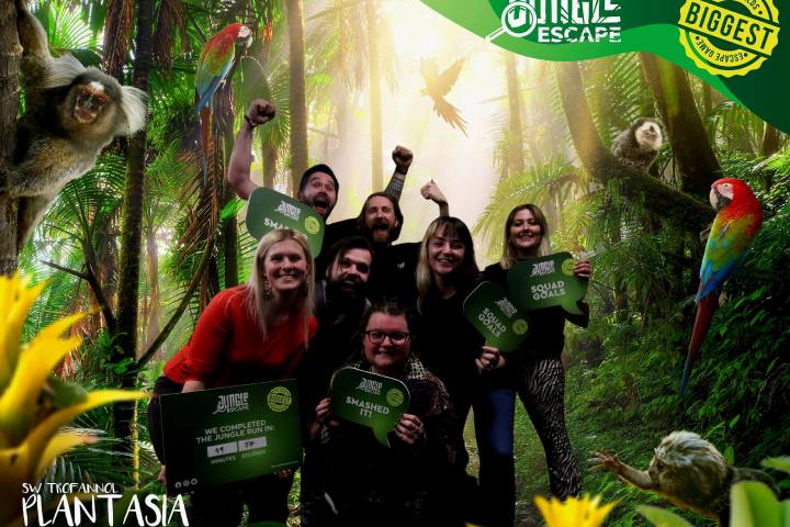 A team photo of a group of people with a jungle background & logos