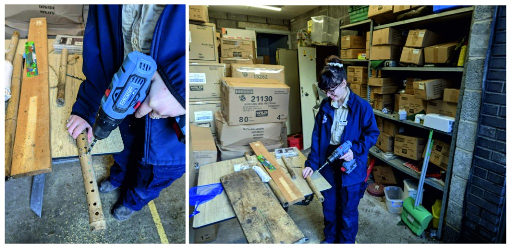 2 images of a girl in a garage using power tools