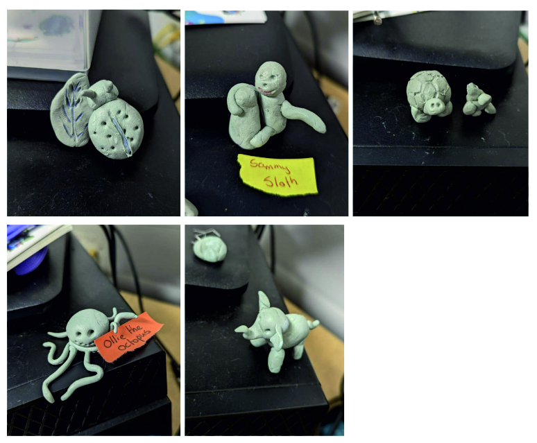 5 images of animals made from blu-tack
