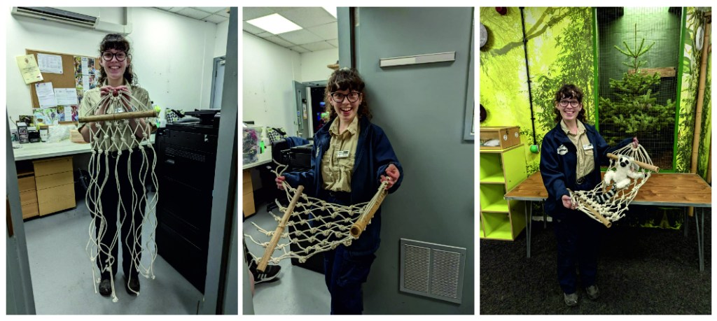 3 images of a girl holding a home-made macramé hammock