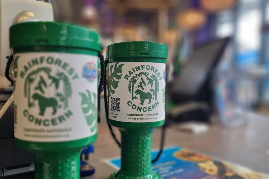a close up of a Rainforest Concern collection pots at Plantasia Tropical Zoo
