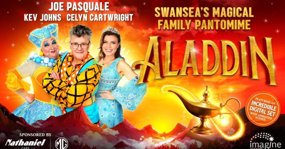 Colorful poster for Aladdin pantomime featuring three performers and a magic lamp.