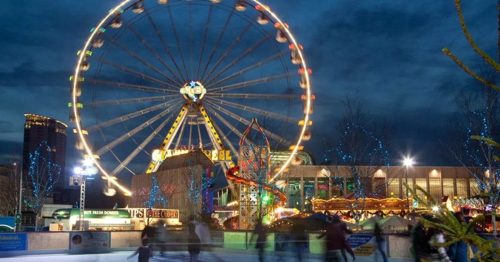A photo of a winter wonderland funfair & ice skating rink