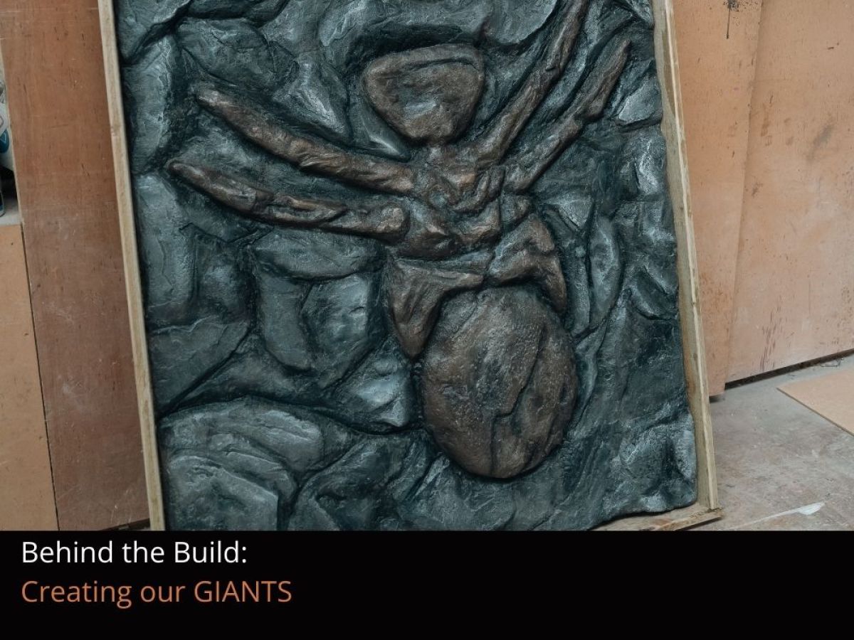 A close up of a replica fossil of Megarachne in the making, leaning against a wall