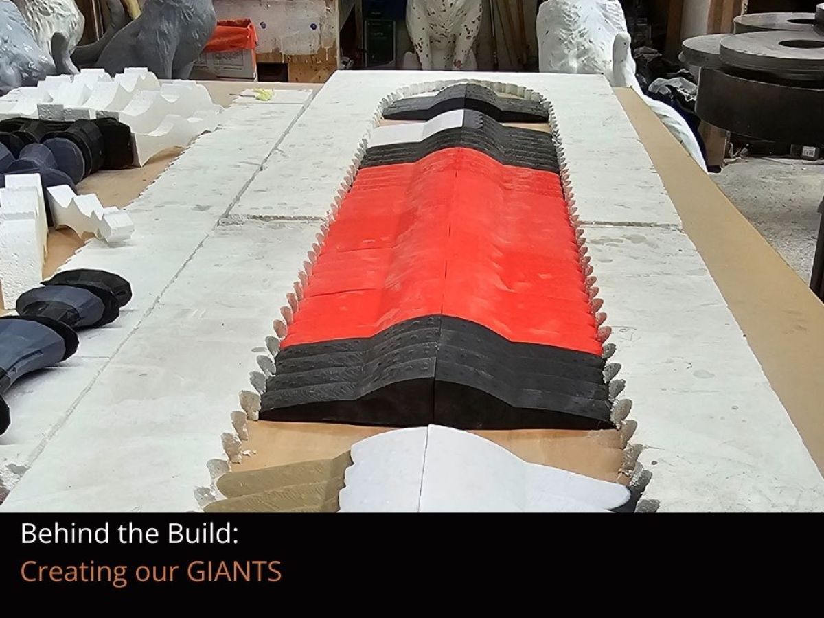 A close up of the fossil replica of Arthropleura in production