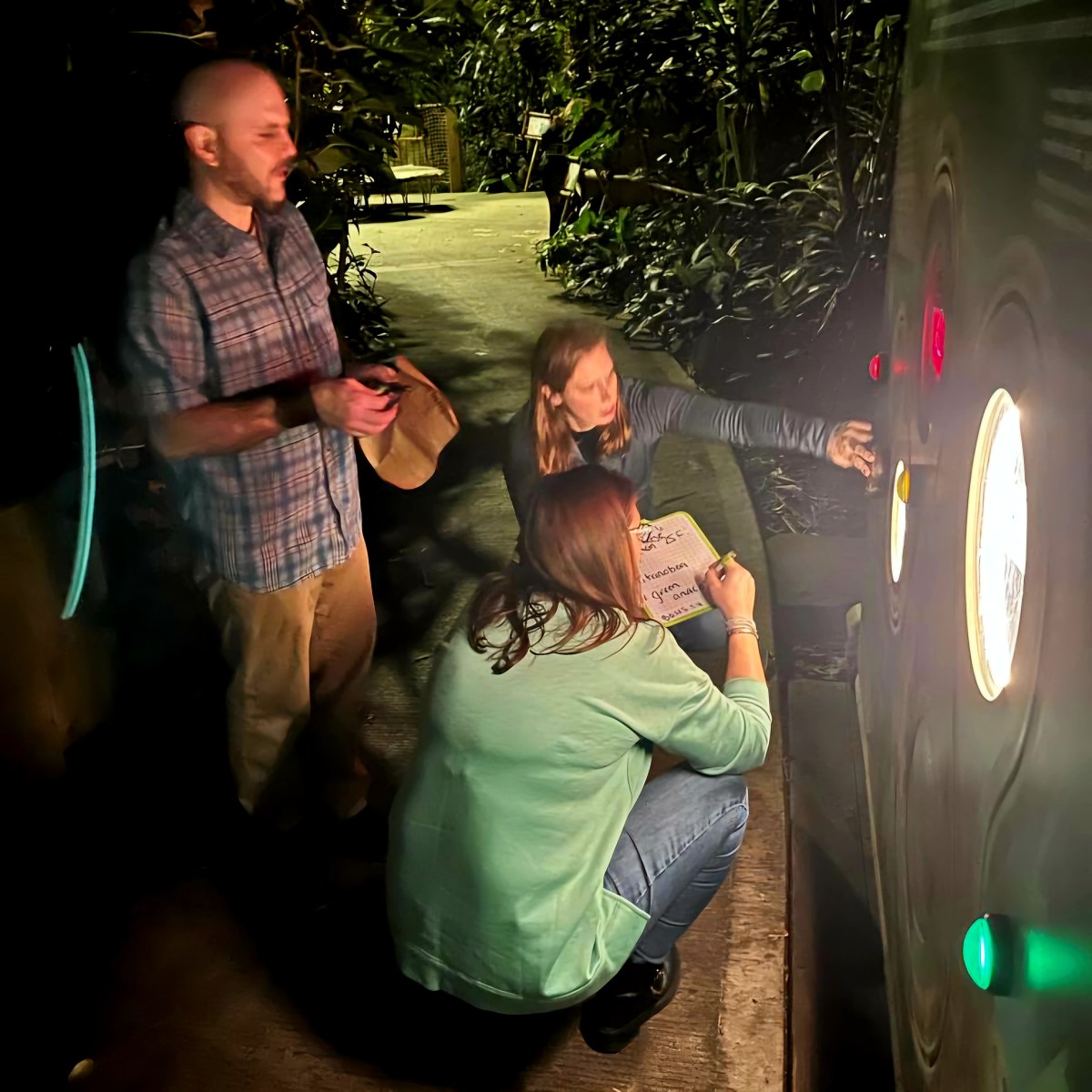 3 colleagues looking at a board with a bright light