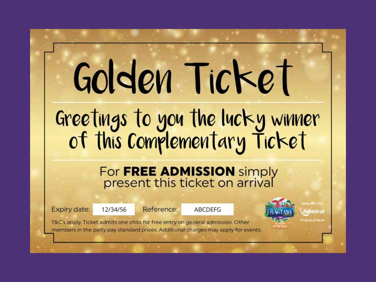 A purple backround with a Golden Ticket positioned central