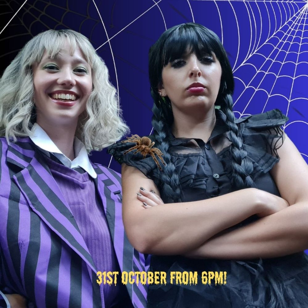 Enid and Wednesday characters posing for a picture with a purple spider-web background, and a tarantula on Wednesday's shoulder