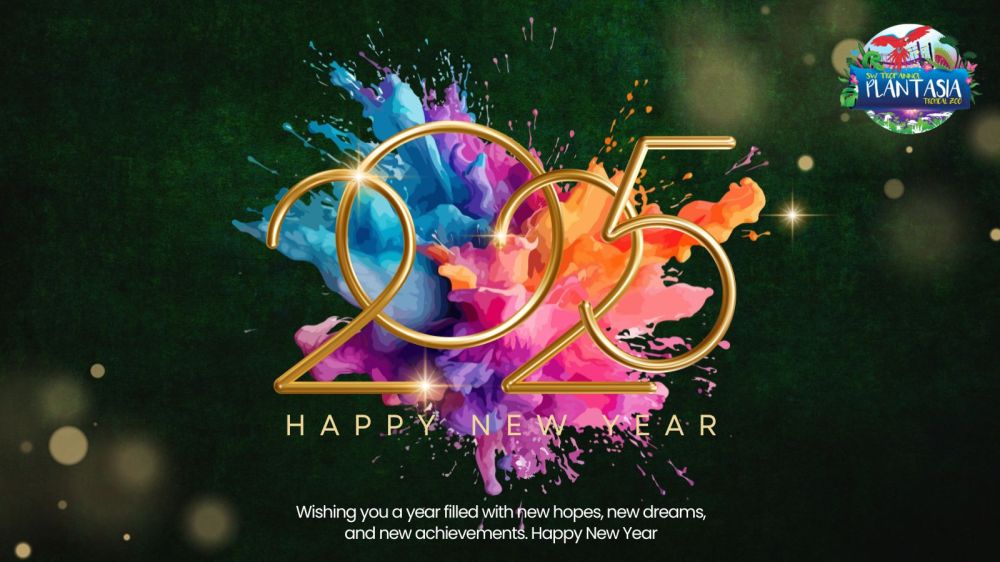 A splash of warious coloured paints behind a large gold 2025