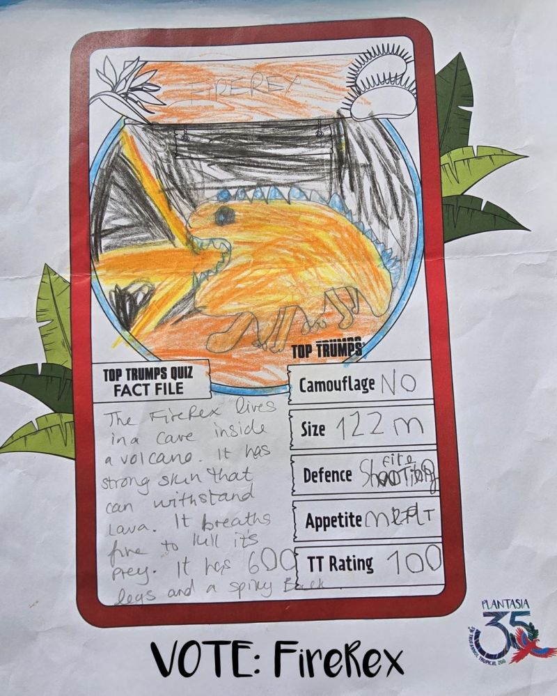A childs drawing of a FireRex animal - the winner of the Age 5-7 Plantasia Top Trumps competition
