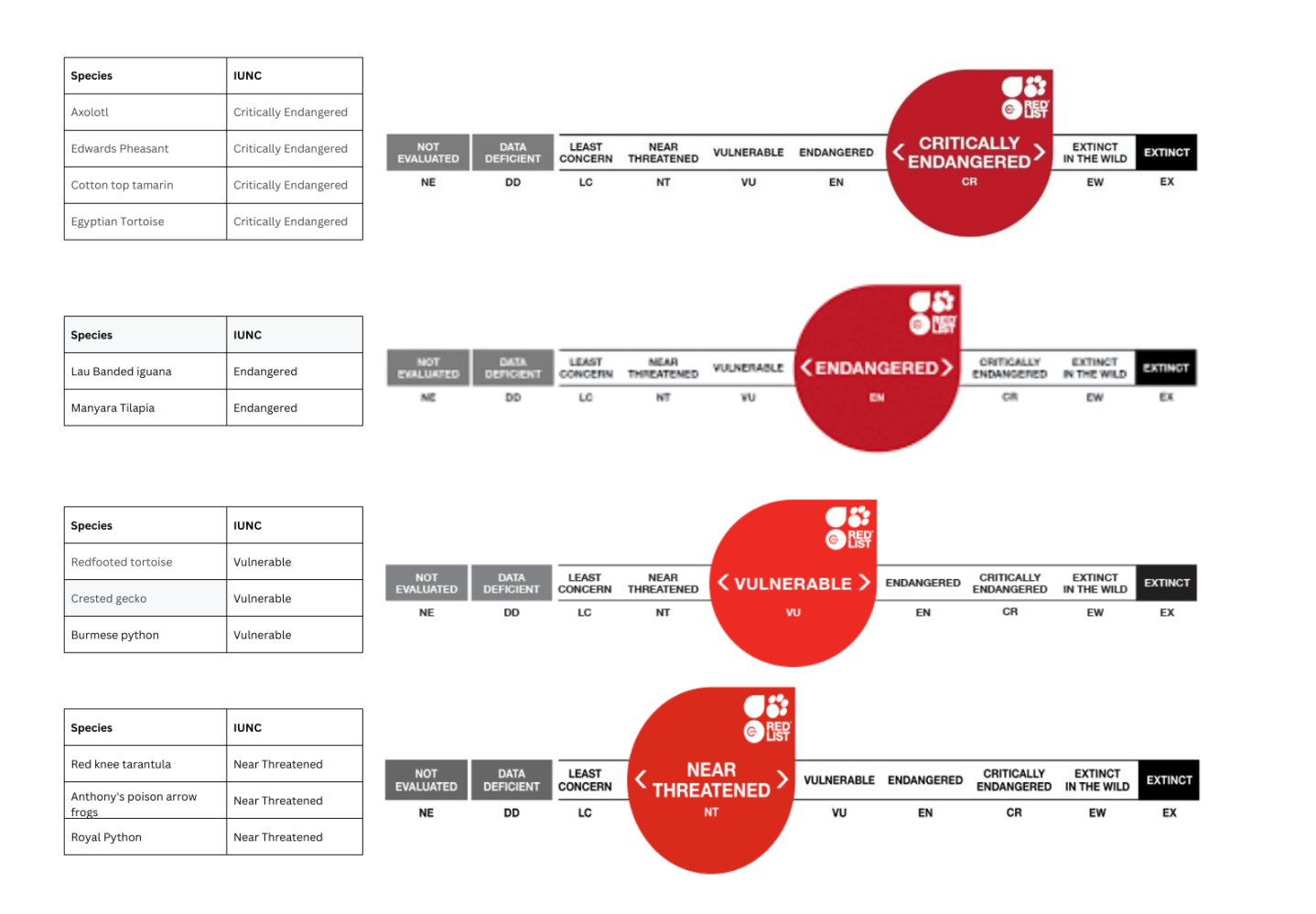 Tables and IUCN scales show conservation status: Critically Endangered, Endangered, Vulnerable, Near Threatened.
