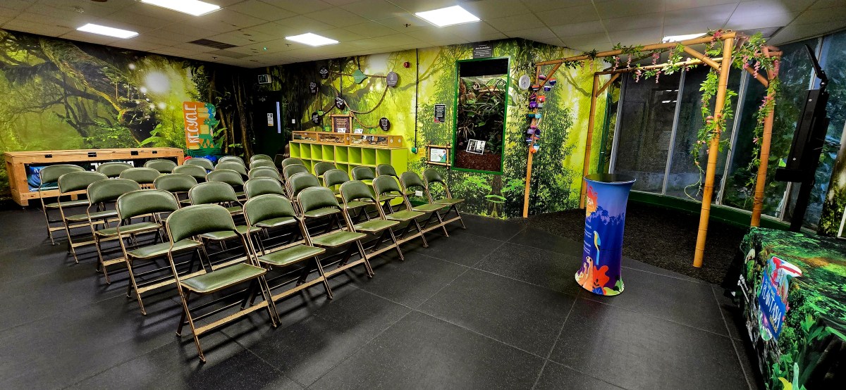 A green room with rows of green chairs set up for a meeting