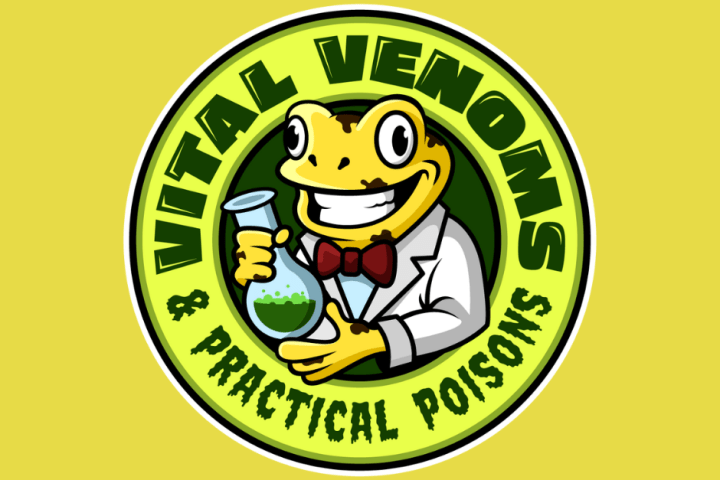 Cartoon frog in lab coat holds flask, surrounded by text 'Vital Venoms & Practical Poisons' on yellow background.