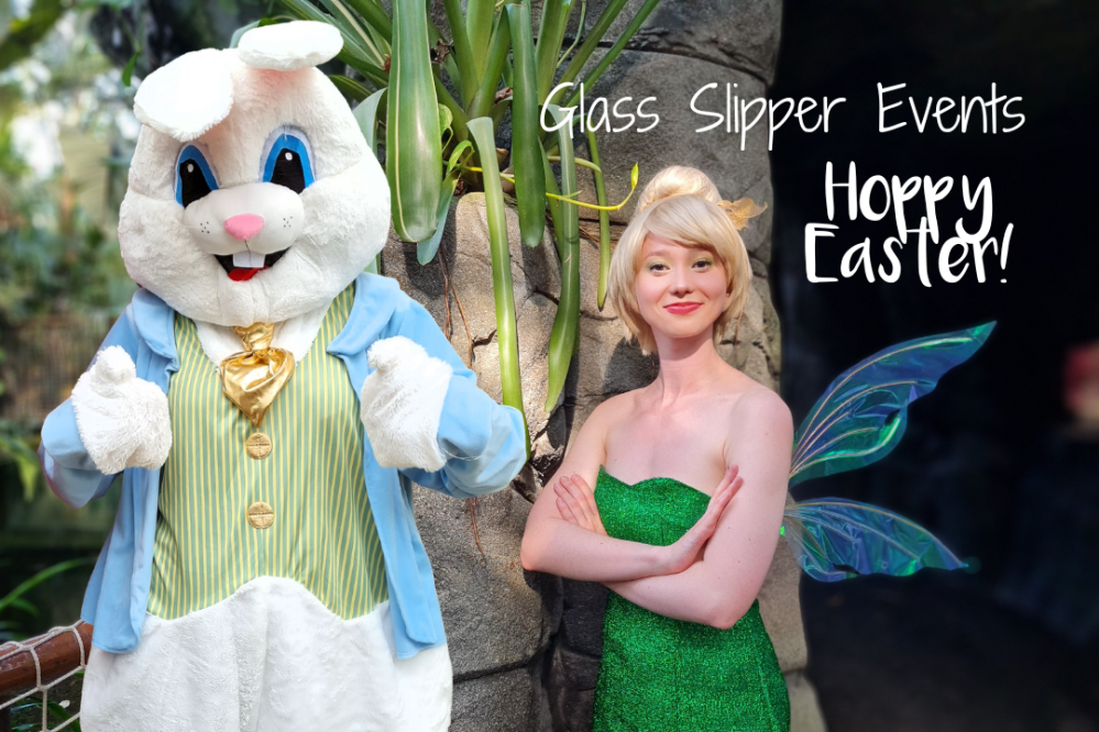 Easter Bunny and fairy character smiling beside 'Glass Slipper Events Hoppy Easter!' text.