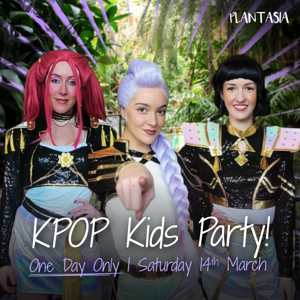 3 KPOP characters looking at the camera in a jungle setting