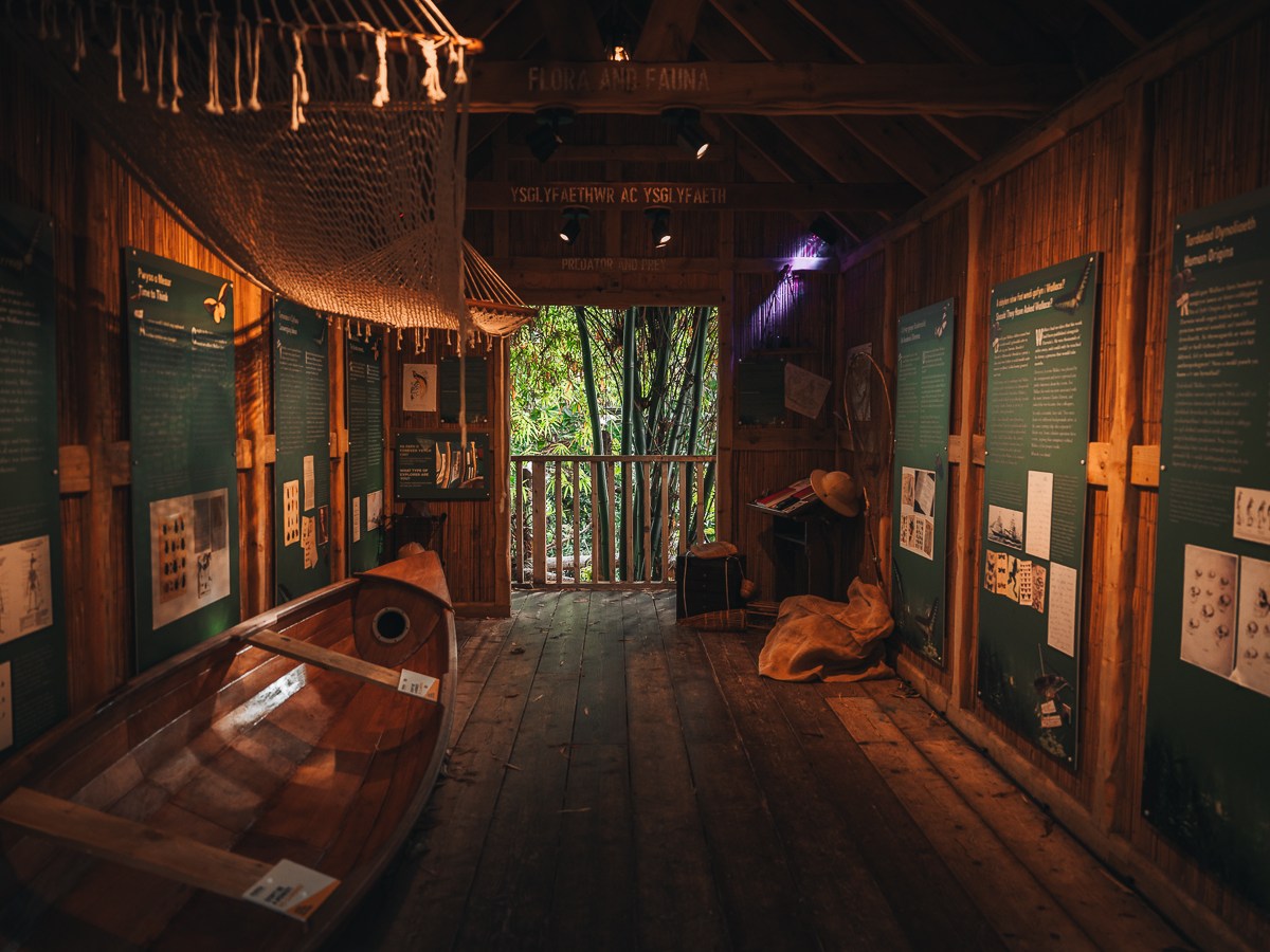 Wooden interior with informative display boards, a canoe, and netting, leading to a view of foliage outside.