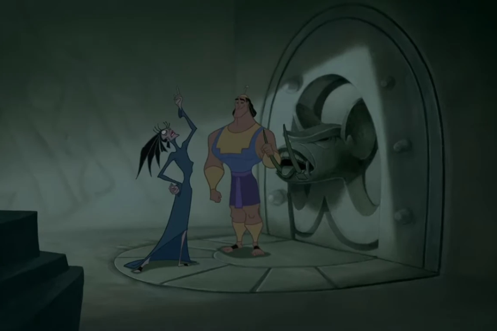 Animated characters talking in front of a large metal door.