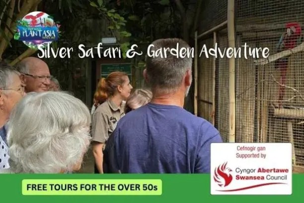 Group of people observing parrots in a cage at a zoo or garden.