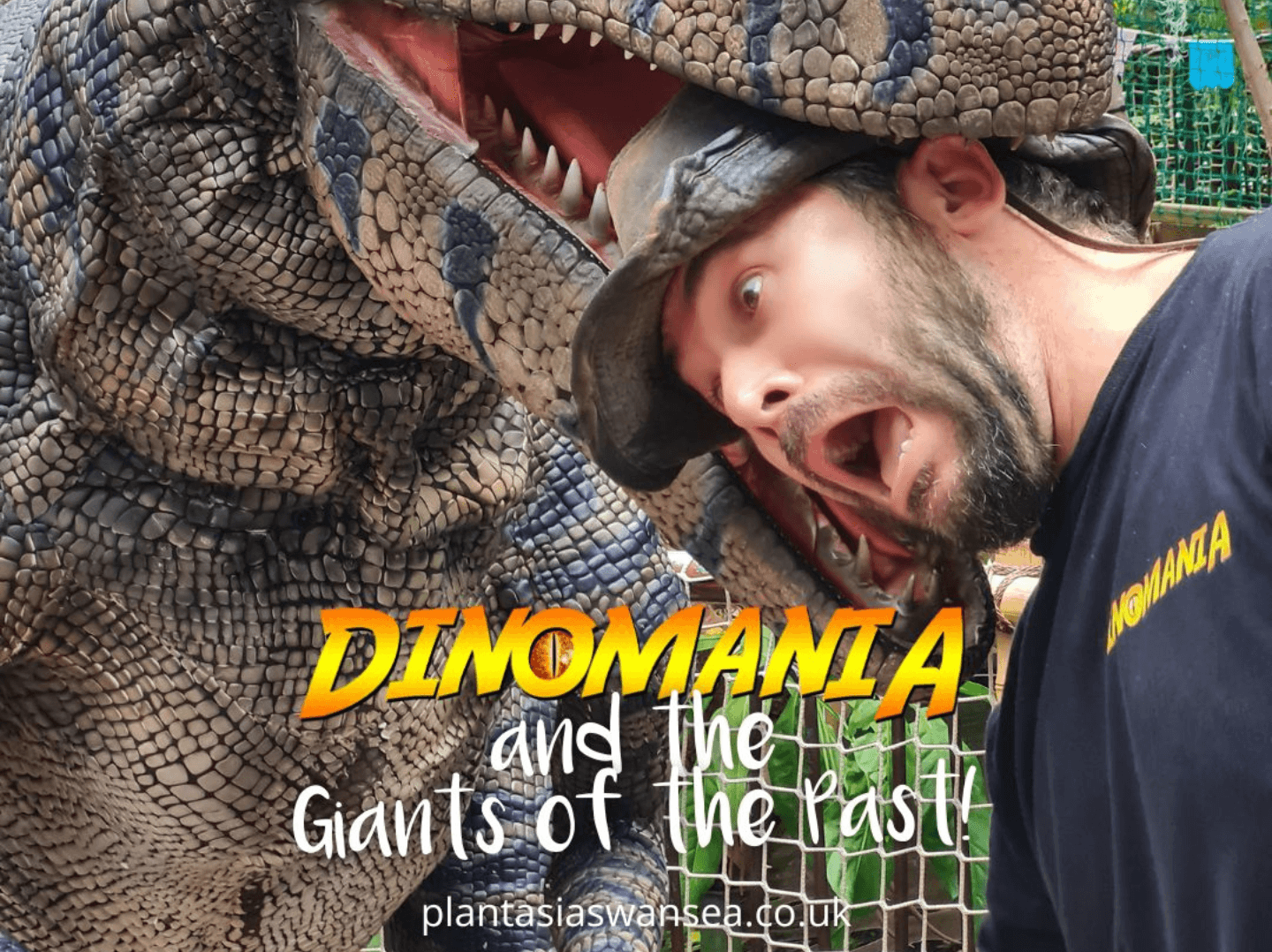 Man playfully puts head in dinosaur mouth at Dinomania exhibit.