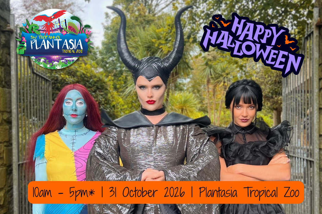 Three people in Halloween costumes at Plantasia with a 'Happy Halloween' sign and event details.